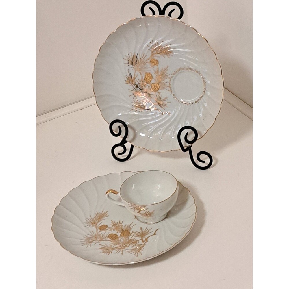 Post War Japanese Porcelain Gold Pinecone Two Snack Plate & One Teacup Set